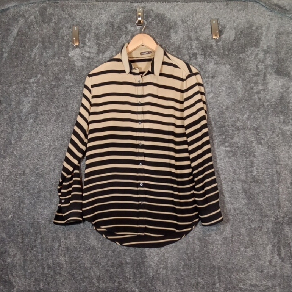 J. McLaughlin Silk Tan Black Striped Button Blouse Womens Medium